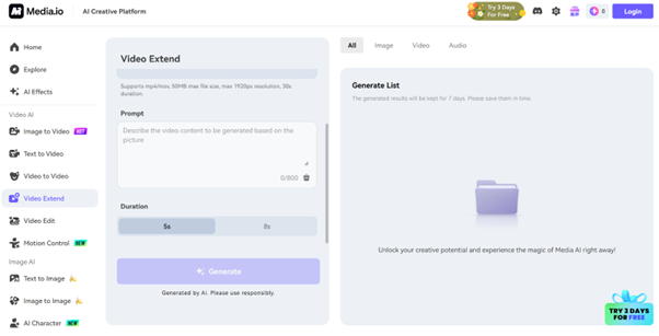 Open Media.io AI Video Extender